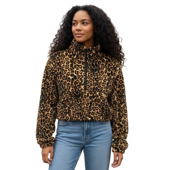 Aritzia TNA cropped fleece pullover leopard print -Size XXS - Picture 1 of 7